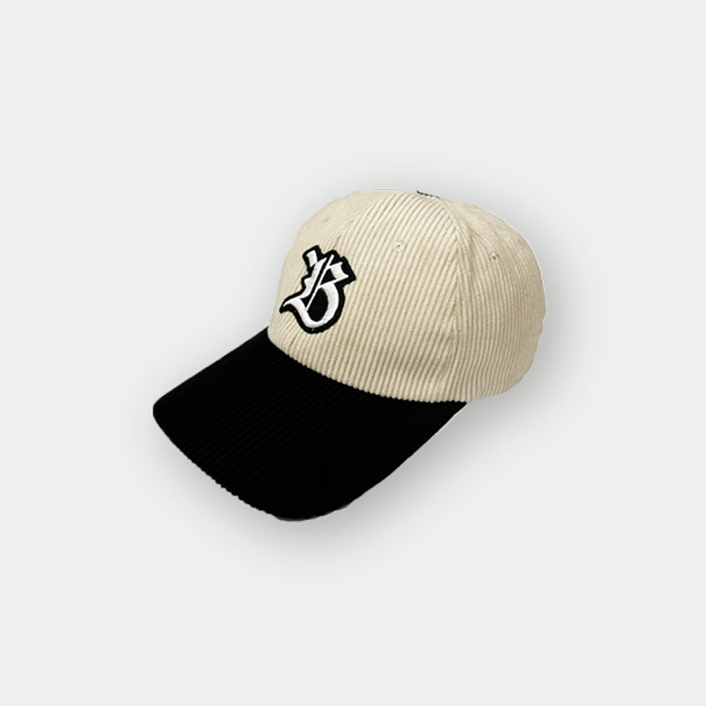 Embroidered Two toned Corduroy Cap in Gothic Print